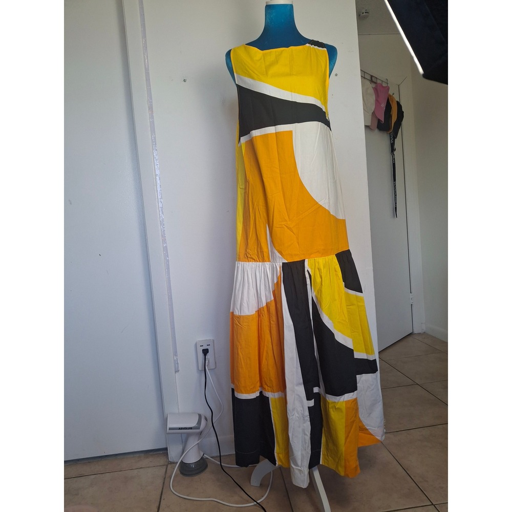SWF Boutique Colorblock Geometric Cotton Maxi Dress Yellow Orange Black Small